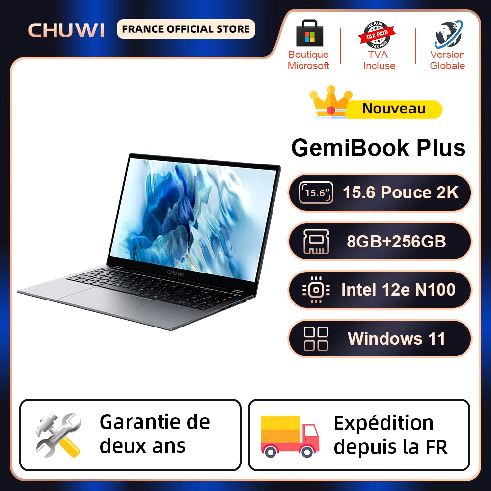 CHUWI Gemibook plus Laptop  12Th N100 15.6 Inch 1920*1080 FHD Screen 8GB LPDDR5 256GB SSD Windows 11 WIFI 6 M.2 up to 1T