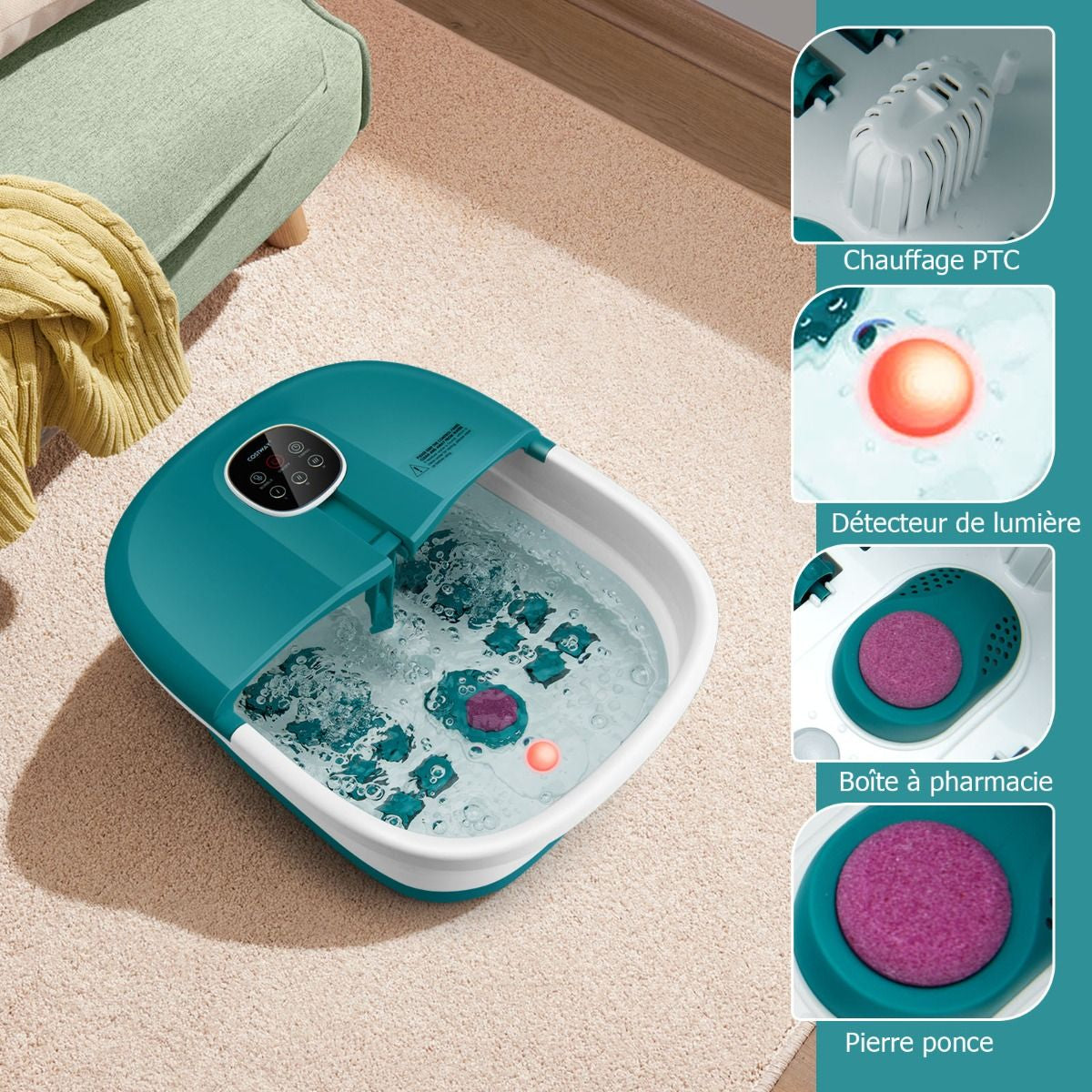 Bain De Pieds Massant Pliable Lumière Rouge Température Réglable Avec Télécommande Massage Au Rouleau Vert/Bleu/Vert Foncé