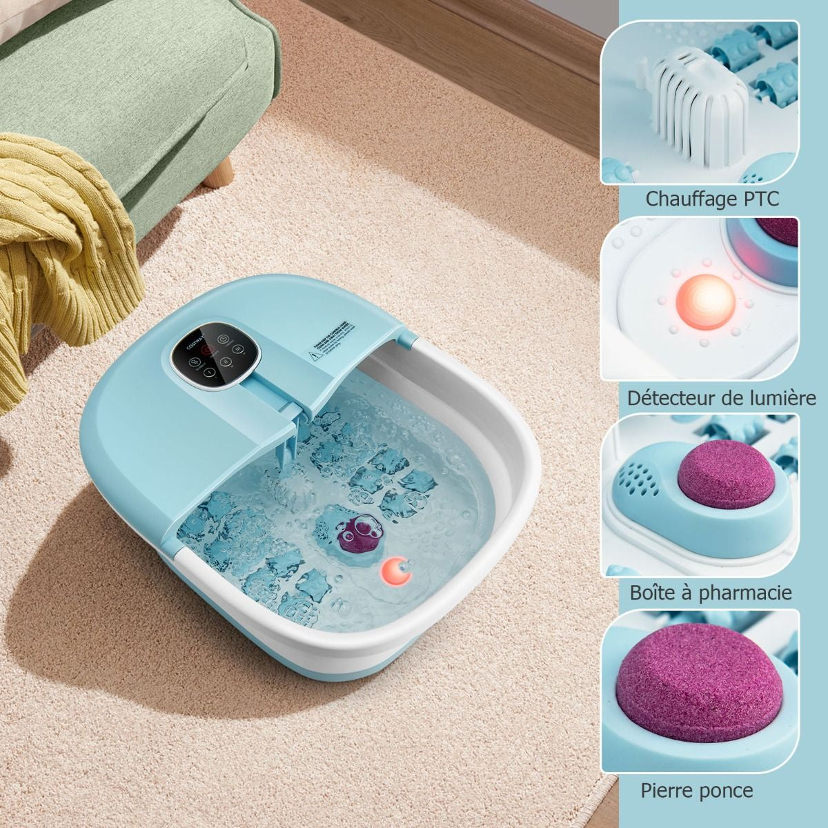 Bain De Pieds Massant Pliable Lumière Rouge Température Réglable Avec Télécommande Massage Au Rouleau Vert/Bleu/Vert Foncé